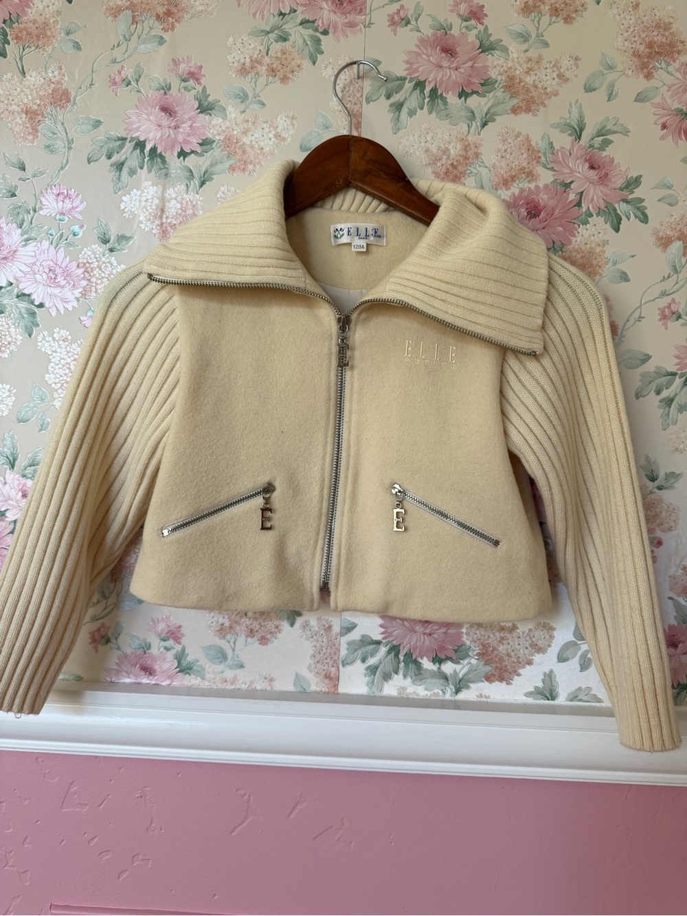Elle Cream Zip-Up Cropped Knit Jacket wool and cashmere